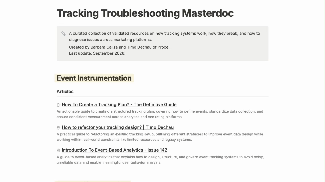 Preview of the Tracking Troubleshooting Masterdoc in Notion